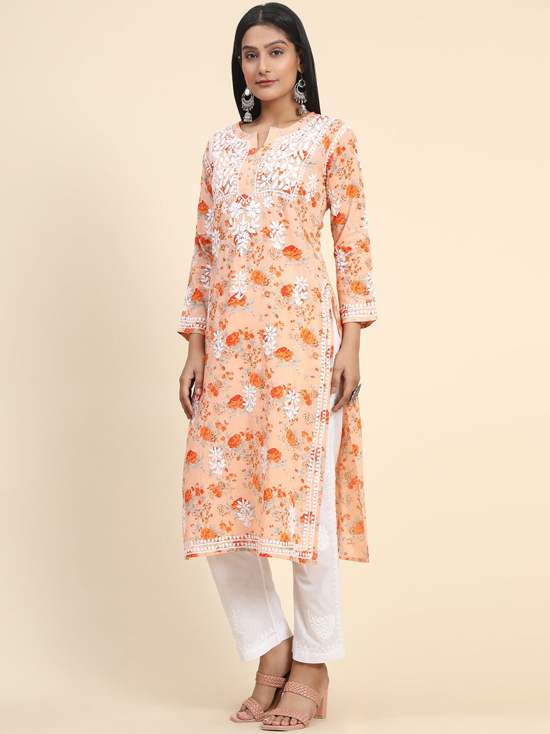 HOUSE OF KARI Women Floral Printed Thread Work Cotton Kurta