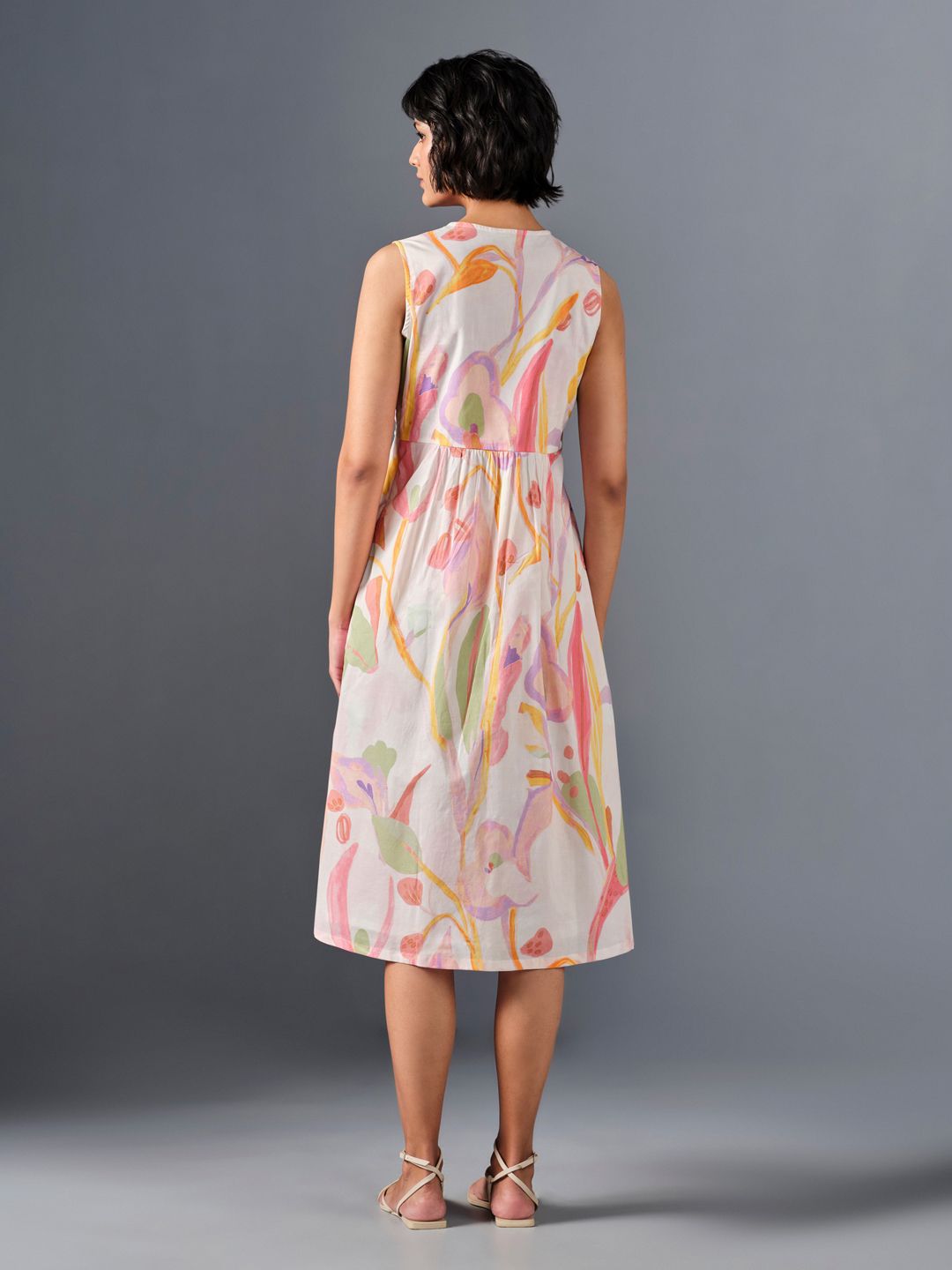 AND Floral Printed V-Neck Gathered Cotton A-Line Dress