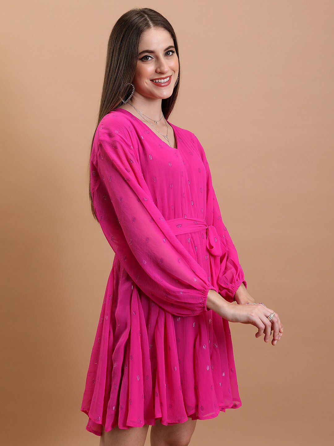 Tokyo Talkies Abstract Printed tiV-Neck Puff Sleeves Tie-Ups Detail Fit & Flare Mini Dress