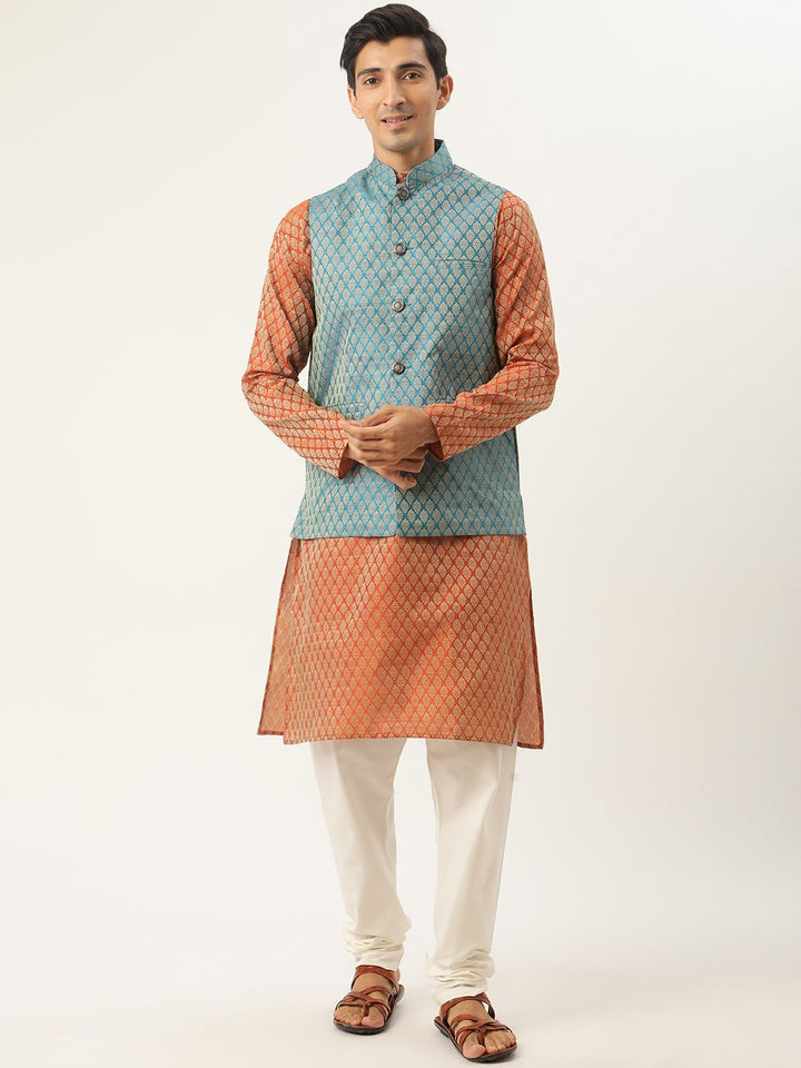SOJANYA Kurta Motif Etnik Biru Oren & Biru Teal dengan Jaket Churidar & Nehru