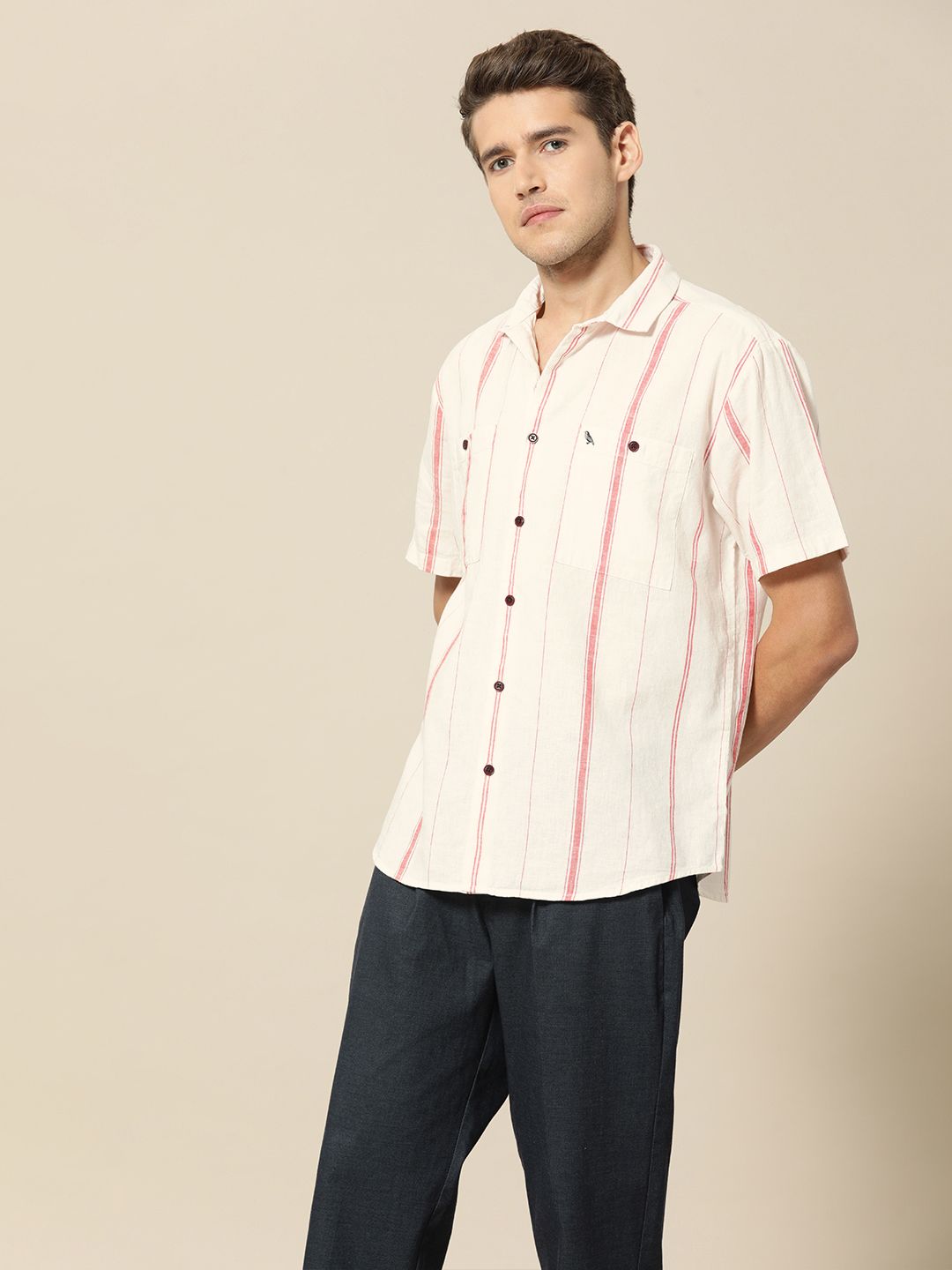 Mr Bowerbird Men Beige & Pink Striped Casual Shirt