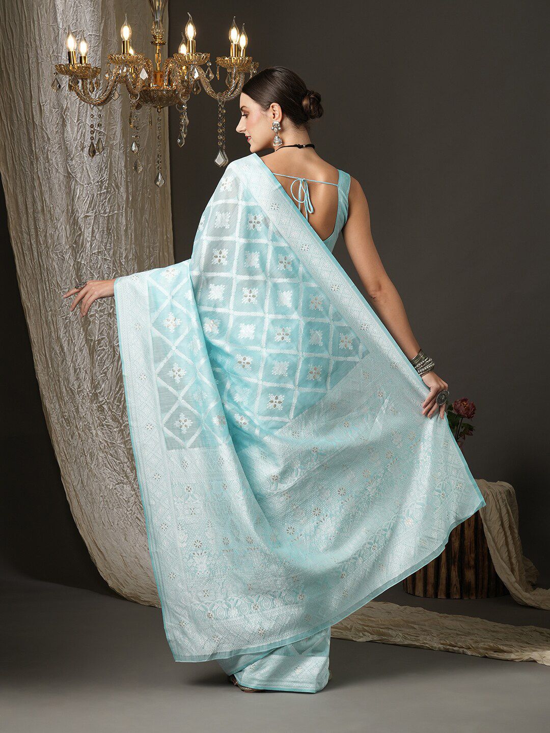 Saree mall Turquoise Blue & White Woven Design Silk Cotton Banarasi Sarees