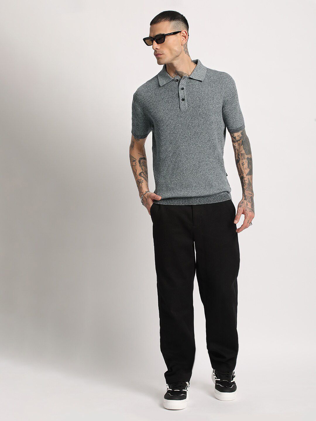 THE BEAR HOUSE Men Self Designed Regular Fit Cotton Polo Collar T-Shirt
