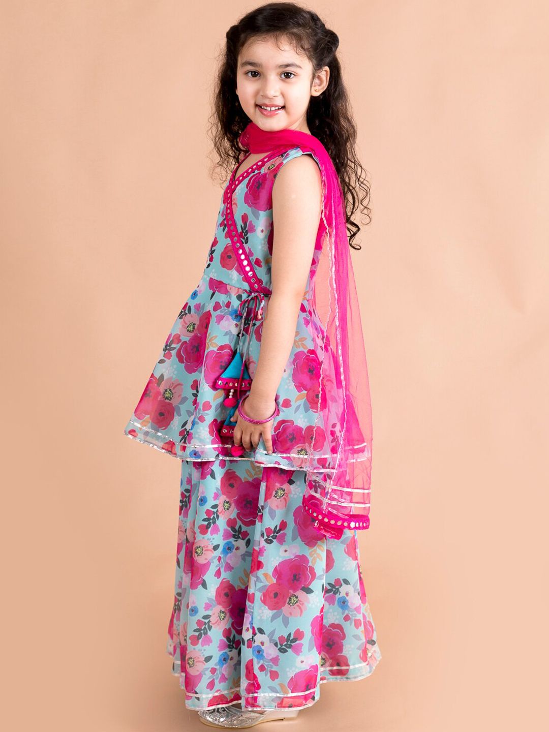 pspeaches Girls Angrakha Gotta Patti Pure Cotton Kurti with Palazzos & With Dupatta