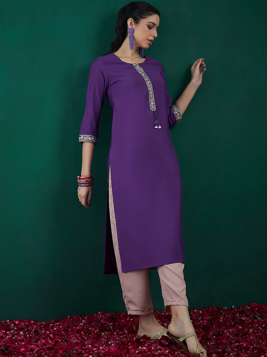 Indo Era Purple Ethnic Motifs Yoke Design Thread Work Chanderi Silk Straight Kurta