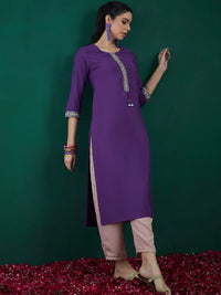 Indo Era Purple Ethnic Motifs Yoke Design Thread Work Chanderi Silk Straight Kurta