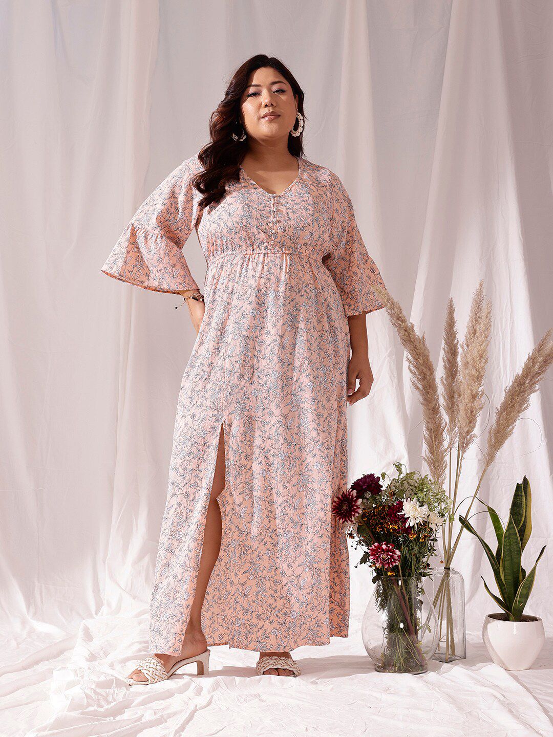 CURVY STREET Beige Floral Printed V-Neck Flared Sleeves Flared Fit & Flare Maxi Dress