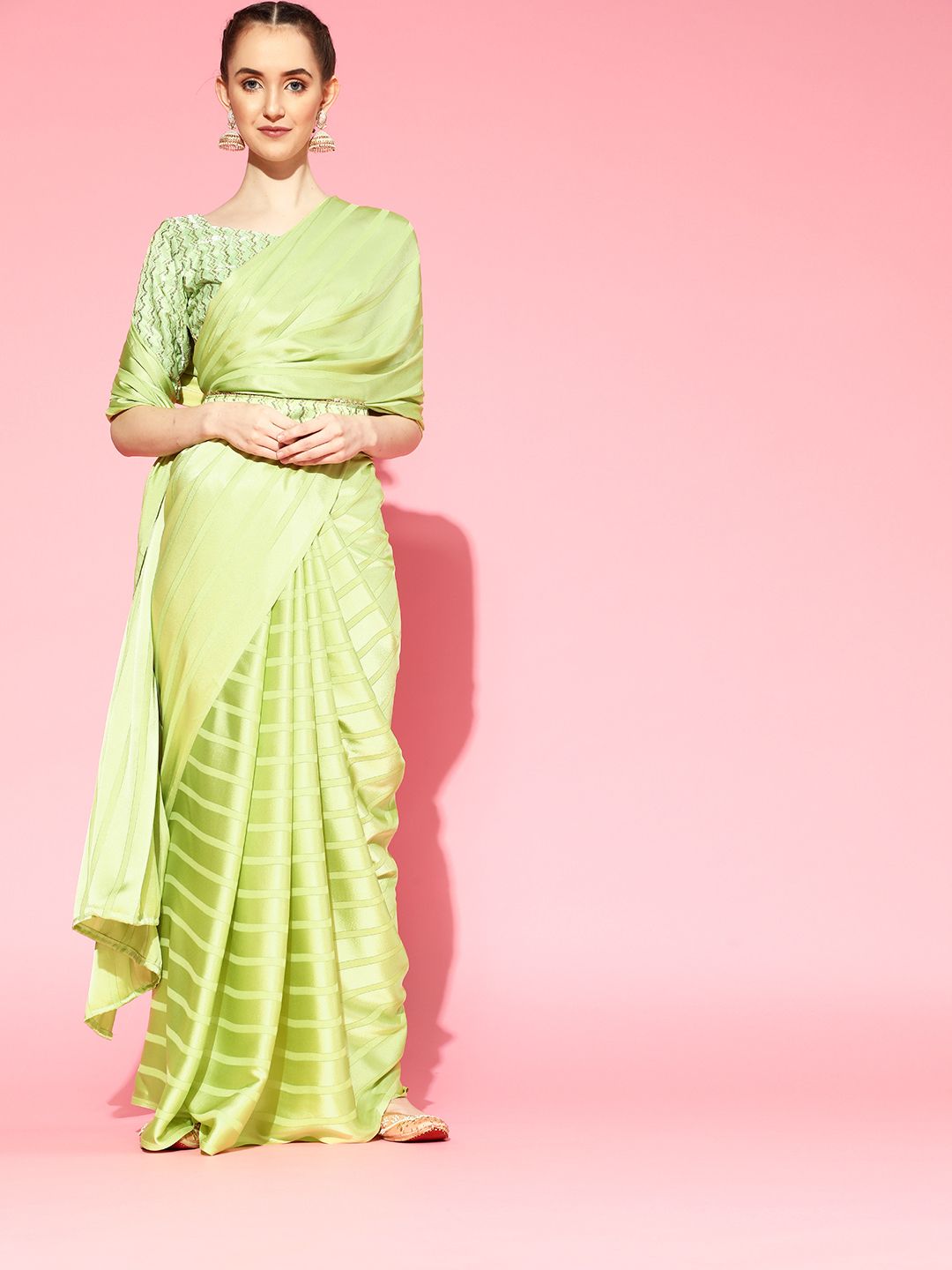 Saree mall Green Striped Satin Party Wear Saree with Matching Blouse