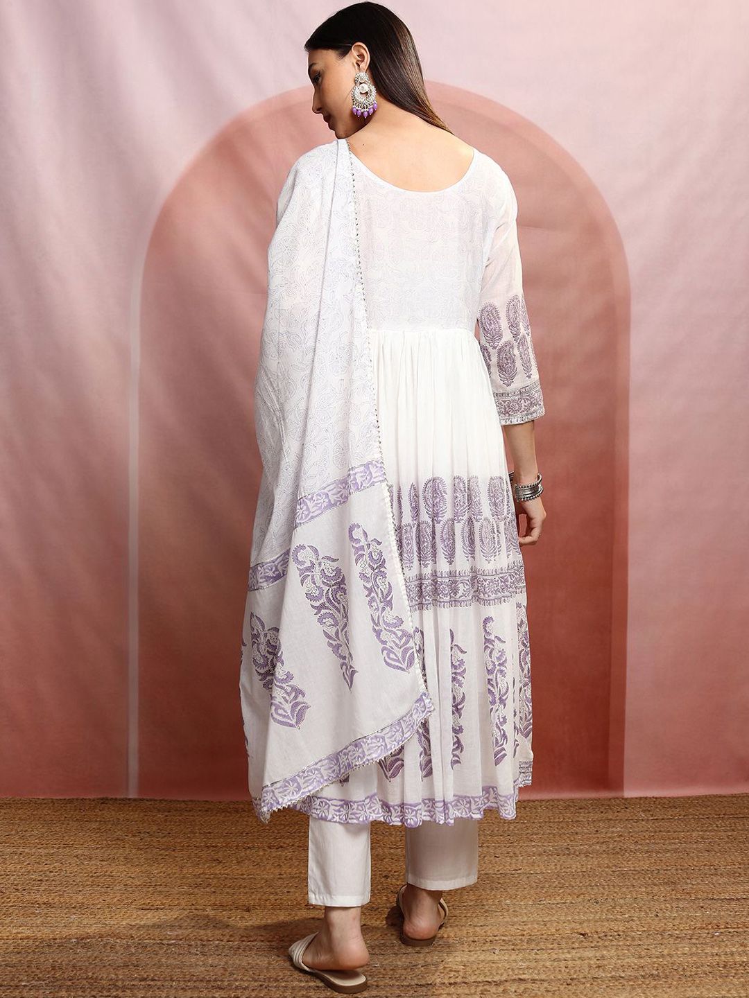 Vishudh Ethnic Motifs Embroidered Pure Cotton Anarkali Kurta & Trousers With Dupatta