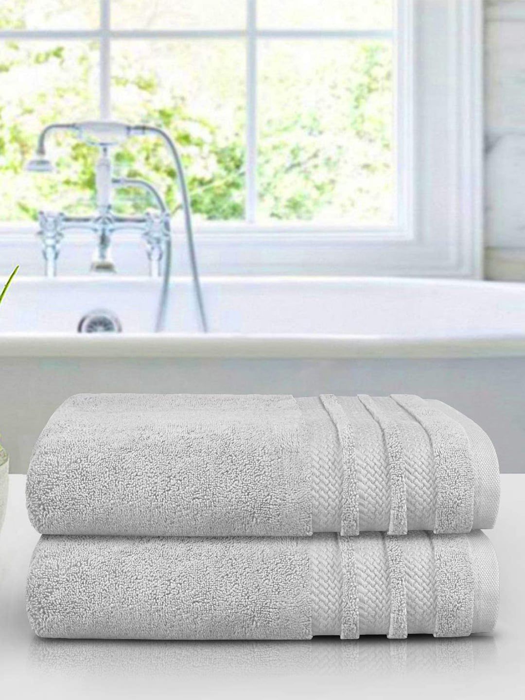 MYTRIDENT Grey Set Of 2 625 GSM Solid Bath Towels