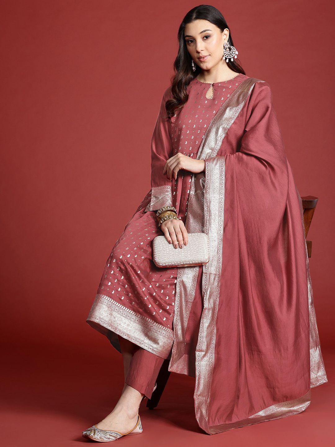 Anouk Women Ethnic Motifs Pleated Gotta Patti Kurta with Trousers & Dupatta