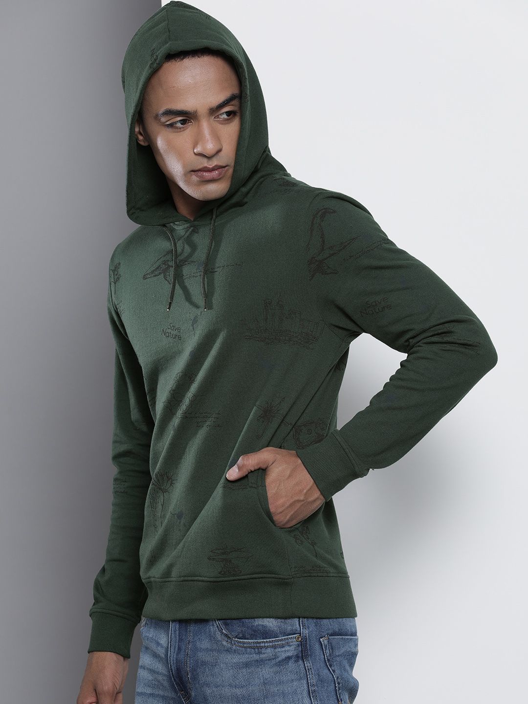 The Indian Garage Co Men Olive Green Printed Hooded Sweatshirt