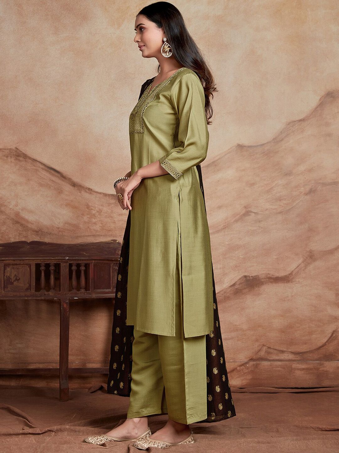 KALINI Ethnic Motifs Yoke Design Chanderi Silk Straight Kurta With Palazzos & Dupatta