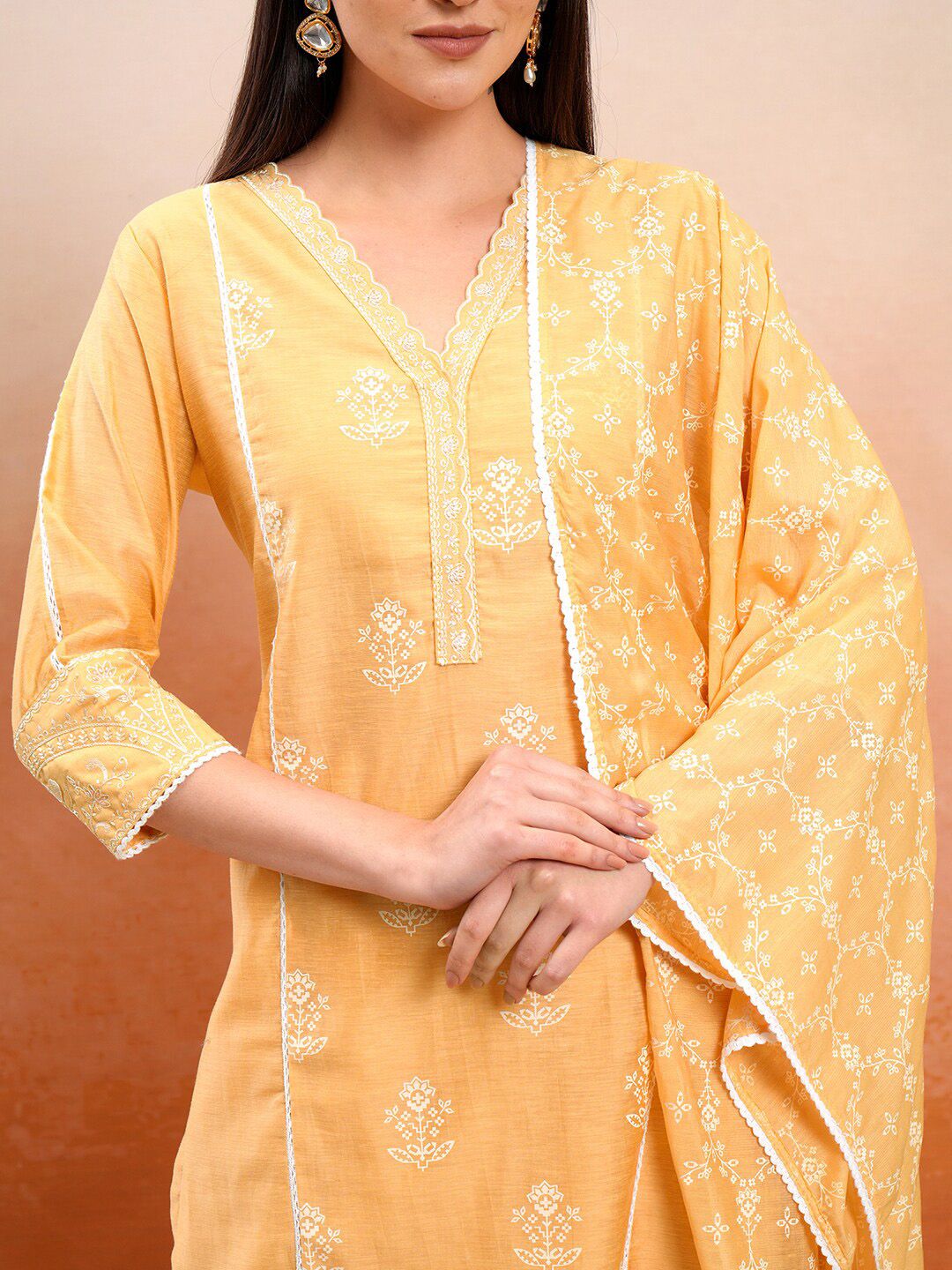 Vishudh Orange Floral Printed V-Neck Pure Cotton Straight Kurta With Trousers & Dupatta