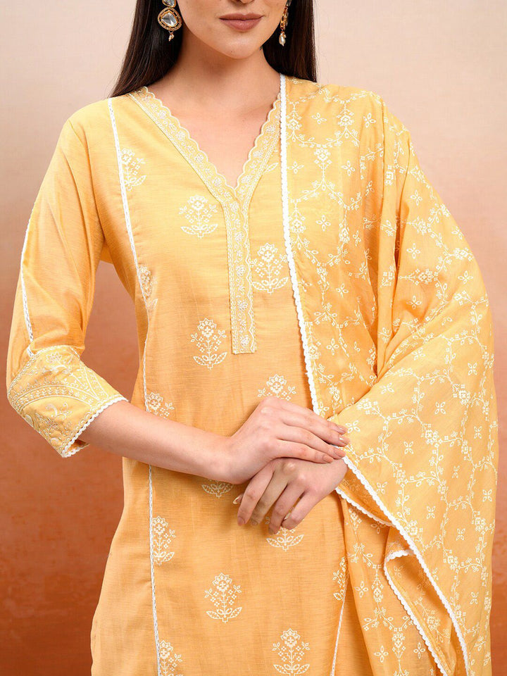 Vishudh Orange Floral Printed V-Neck Pure Cotton Straight Kurta With Trousers & Dupatta
