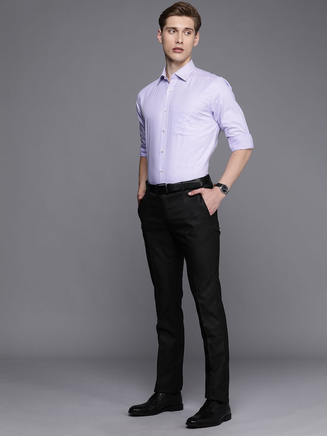 Raymond Slim Fit Gingham Checks Opaque Pure Cotton Formal Shirt