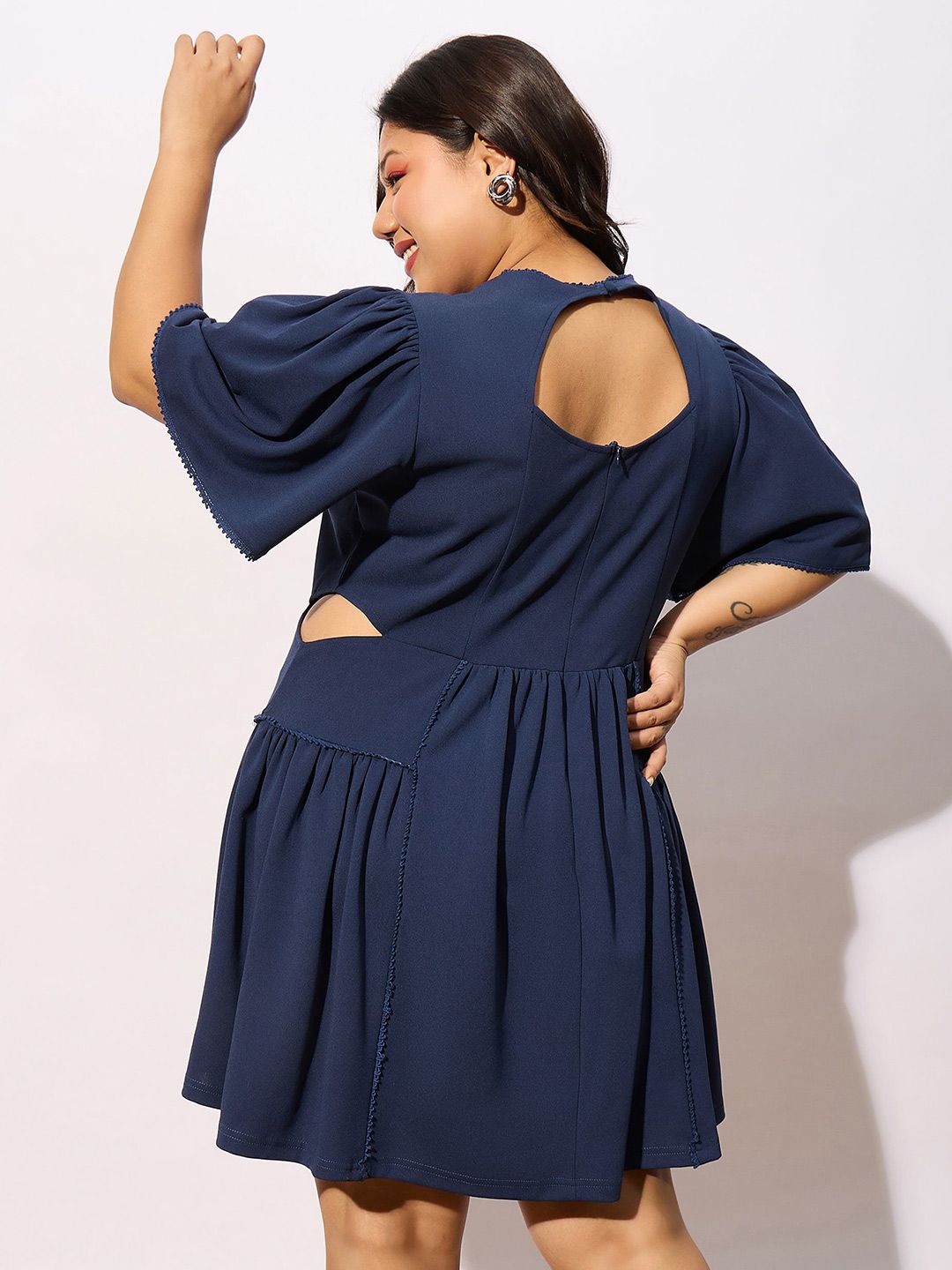SASSAFRAS Curve Plus Size Navy Blue Round Neck Puff Sleeves Gathered Fit & Flare Dress