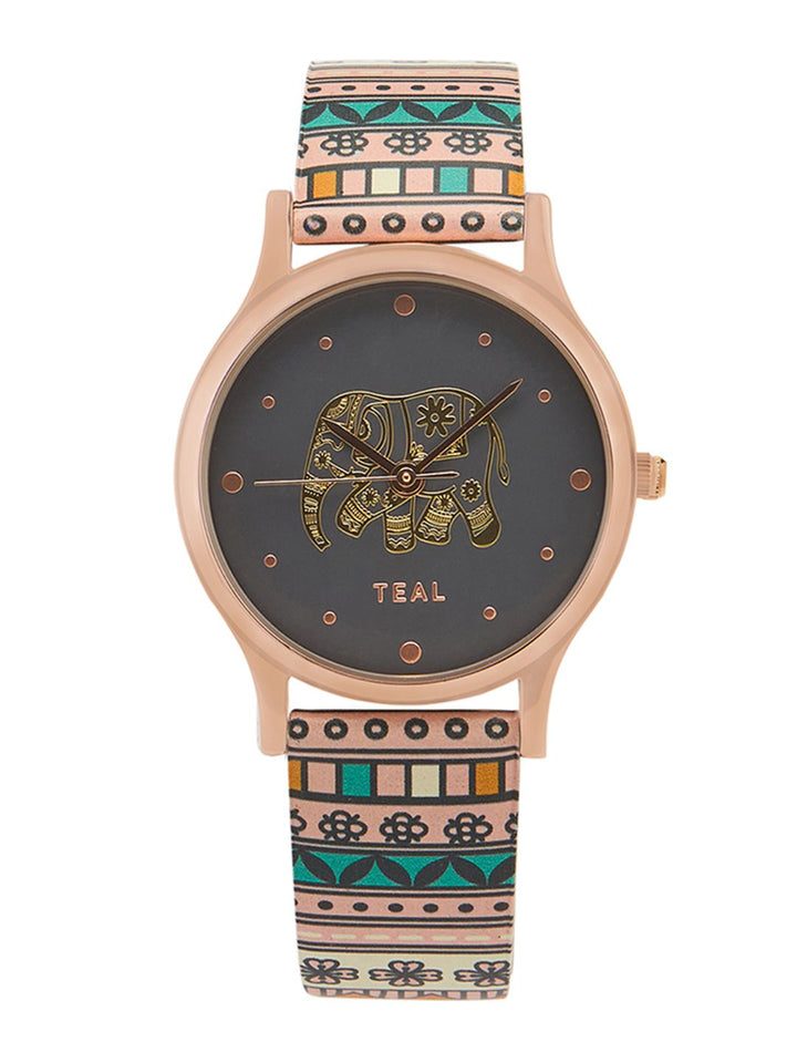 Teal oleh Chumbak Women Brass Printed Dail & Leather Gelang gaya tali analog menonton 8907605119088