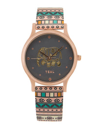 Teal oleh Chumbak Women Brass Printed Dail & Leather Gelang gaya tali analog menonton 8907605119088
