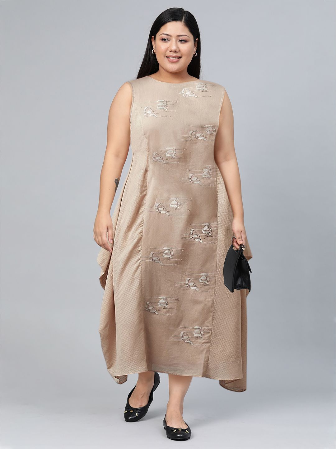 W Beige Ethnic Motifs A-Line Midi Dress