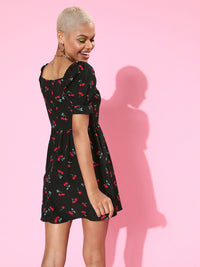 Berrylush Women Stylish Black Floral Sweetheart Neck Dress