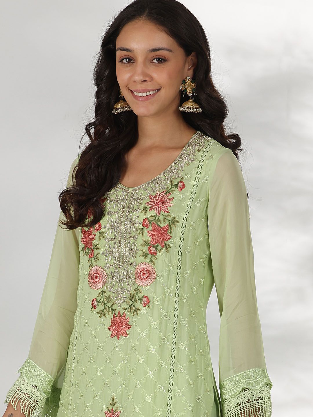 Libas Floral Embroidered Thread Work Straight Kurta with Trousers & Dupatta