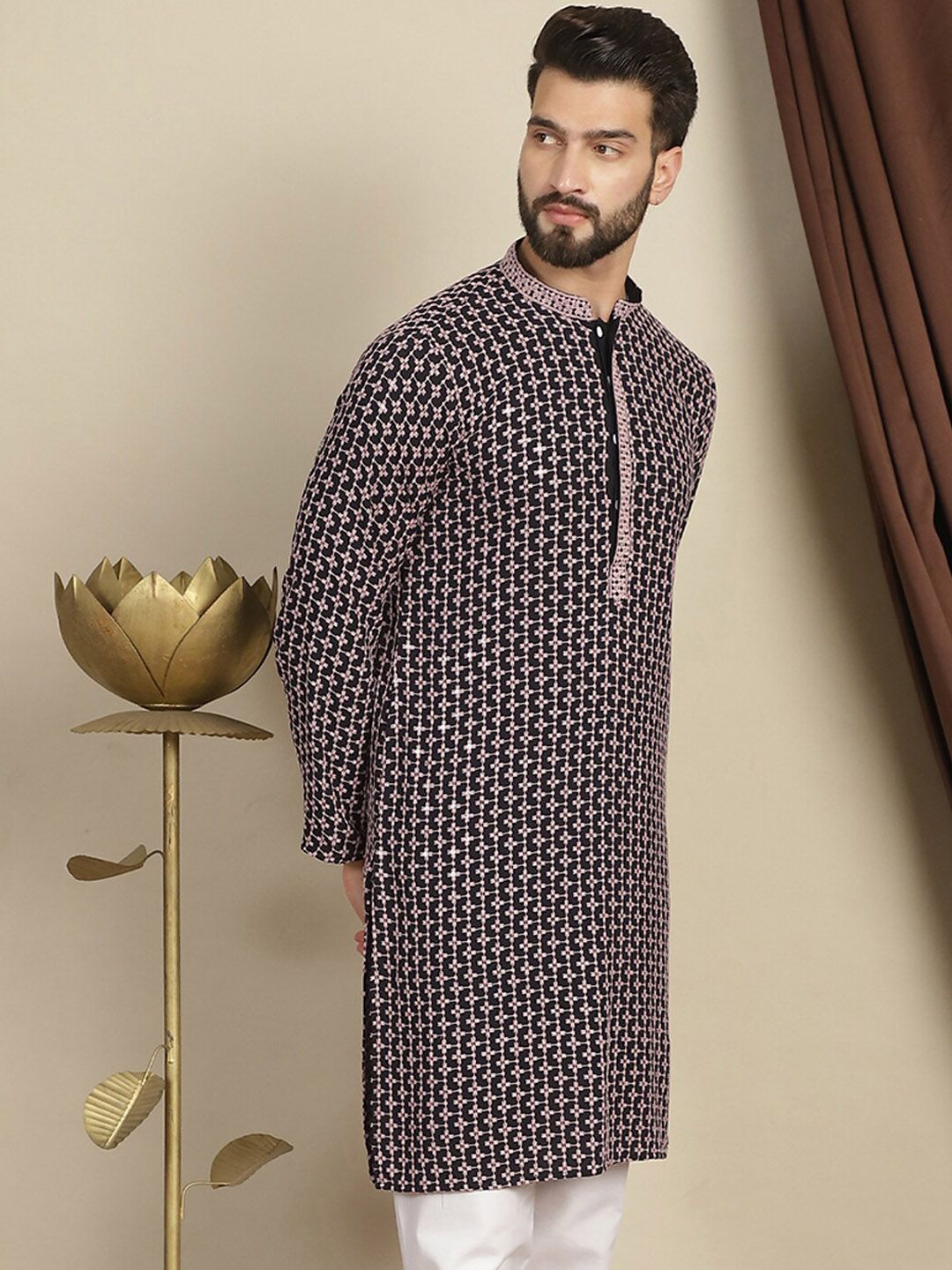 Anouk Geometric Printed Mandarin Collar Long Sleeves Thread Work Kurta