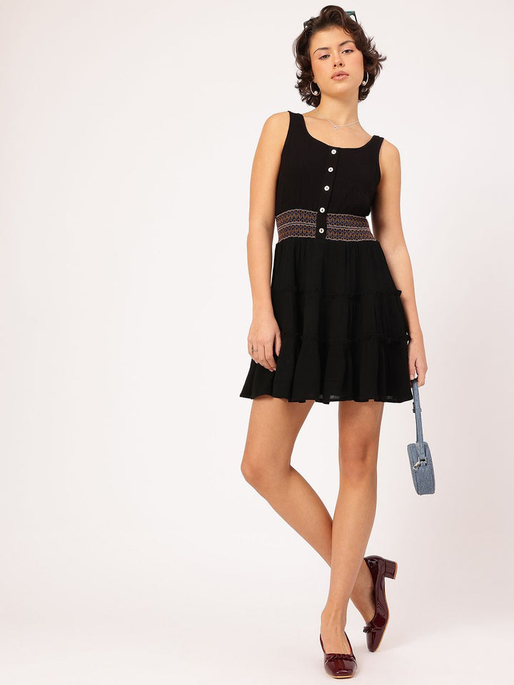 DressBerry Muted Melodies Textured Tiered Cinched Waist Dress