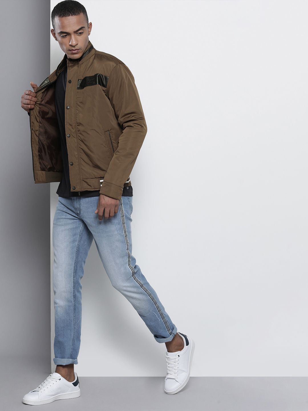 The Indian Garage Co Men Slim Fit Bomber Jacket with Insert Pockets