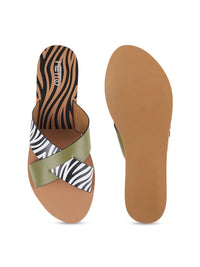 Metro Women Green Printed Open Toe Flats with Laser Cuts