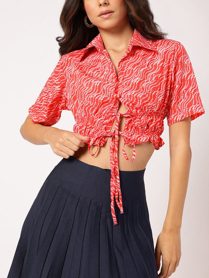 DressBerry Lace-Up Play Printed Crop Shirt Style Top