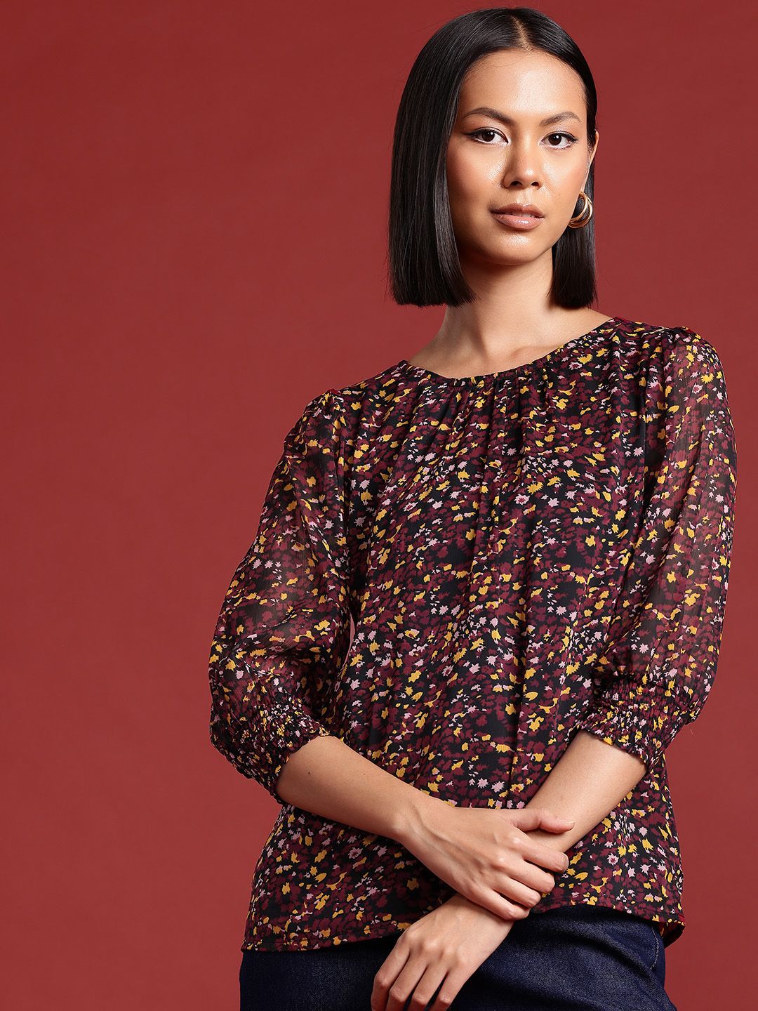 all about you Micro Print Puff Sleeves Top