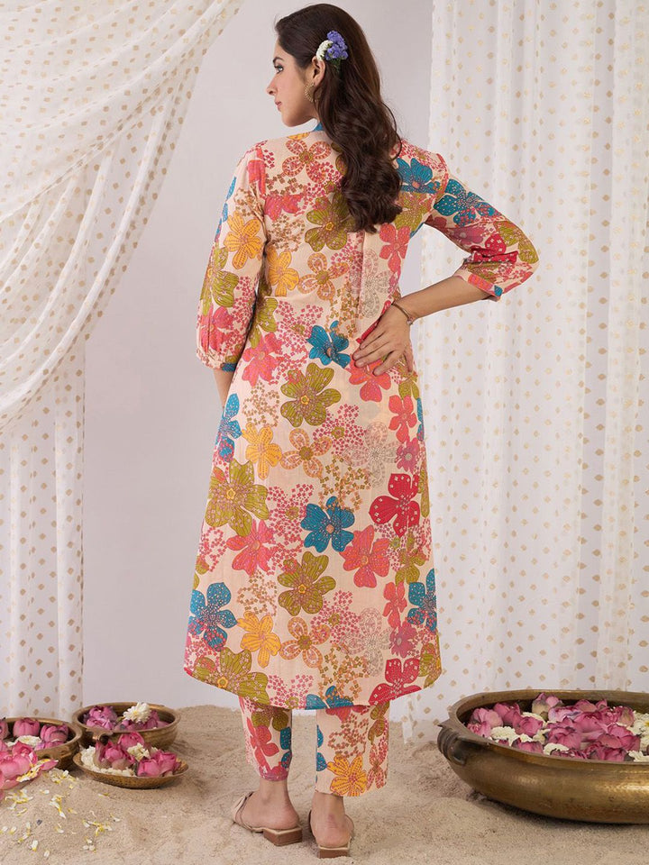 Indo Era Floral Printed Mandarin Collar Pure Cotton A-Line Kurta With Trouser