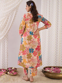 Indo Era Floral Printed Mandarin Collar Pure Cotton A-Line Kurta With Trouser