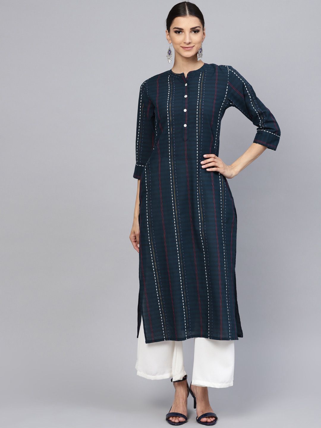 Libas Women Navy Blue Striped Straight Kurta