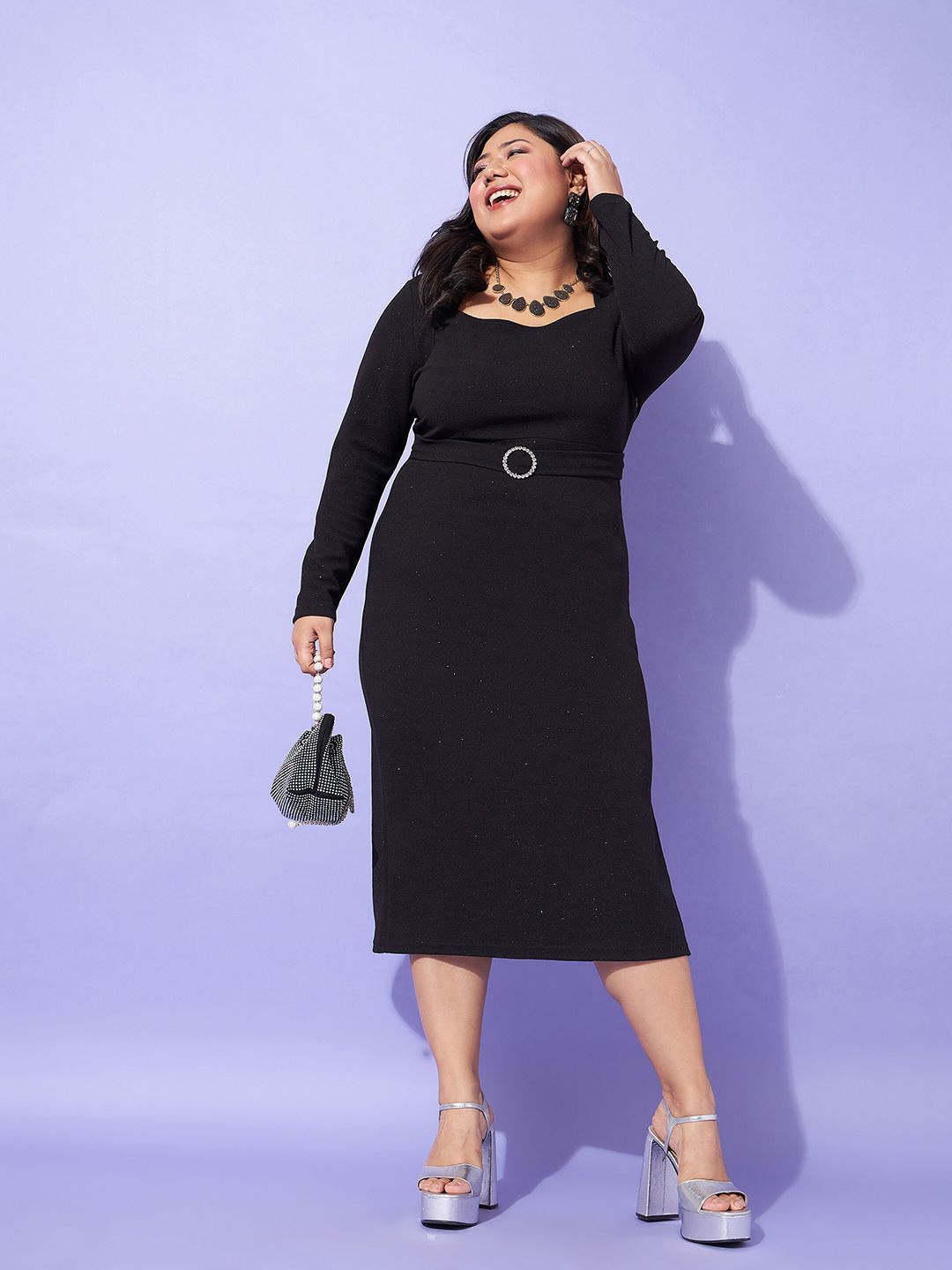 SASSAFRAS Curve Plus Size Square Neck Sheath Midi Dress