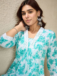 Indo Era Floral Printed V-Neck Pure Cotton A-Line Kurta With Trousers