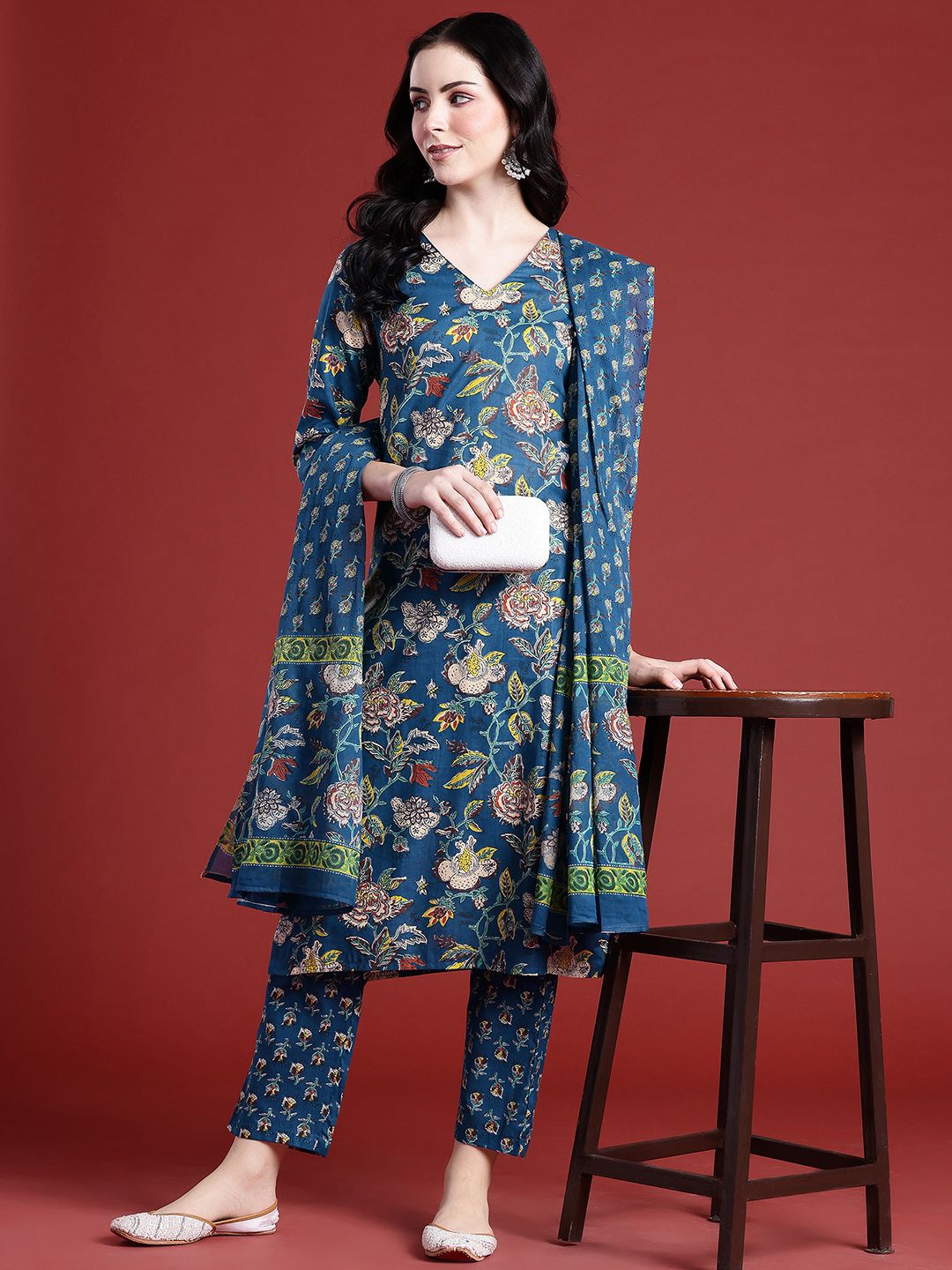 Anouk Ethnic Motifs Printed Regular Cotton Kurta with Trousers & With Dupatta