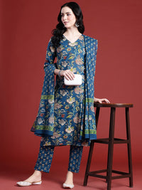Anouk Ethnic Motifs Printed Regular Cotton Kurta with Trousers & With Dupatta