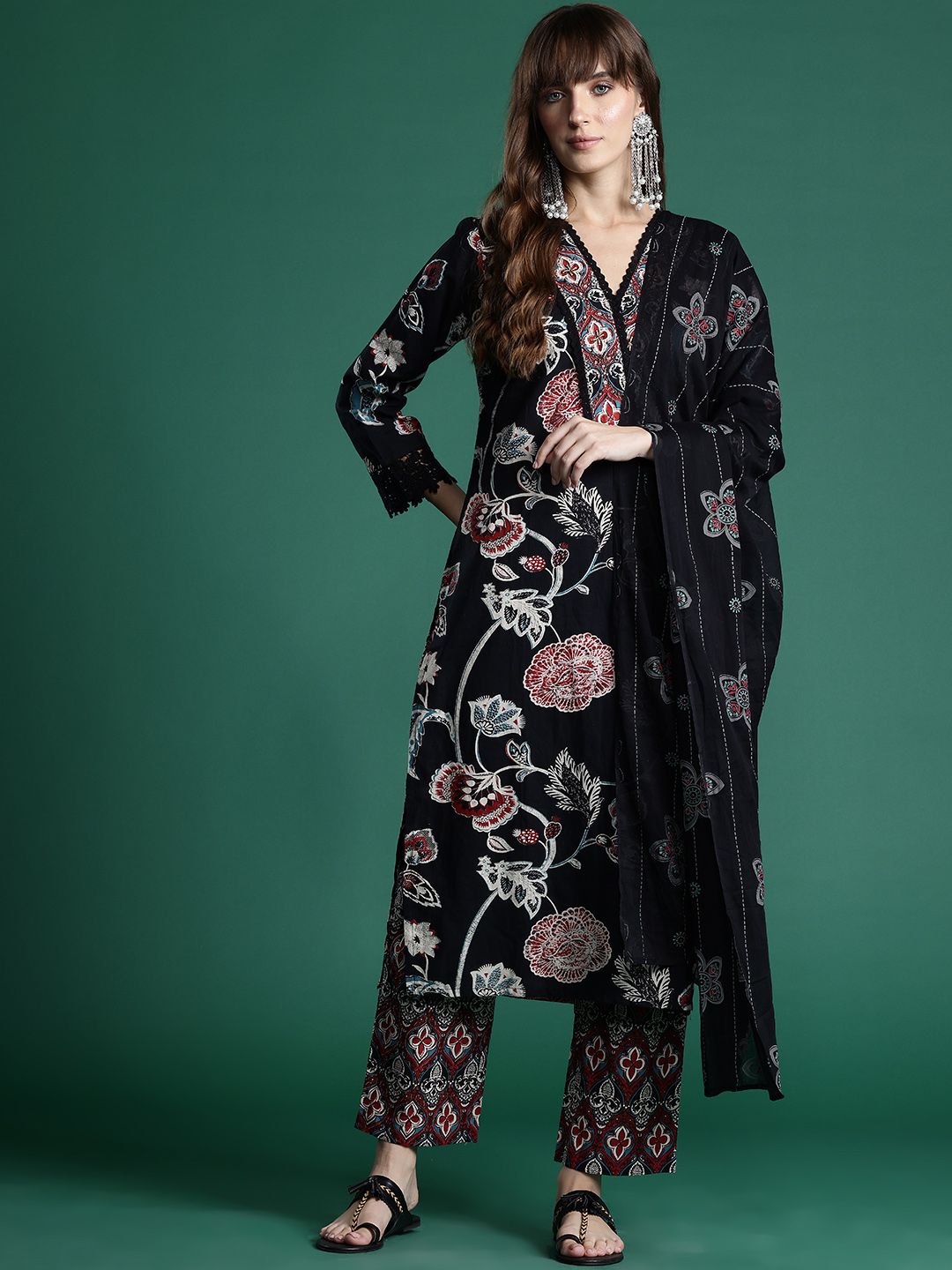 Indo Era Floral Printed Sequinned Pure Cotton Kurta With Trousers & Dupatta