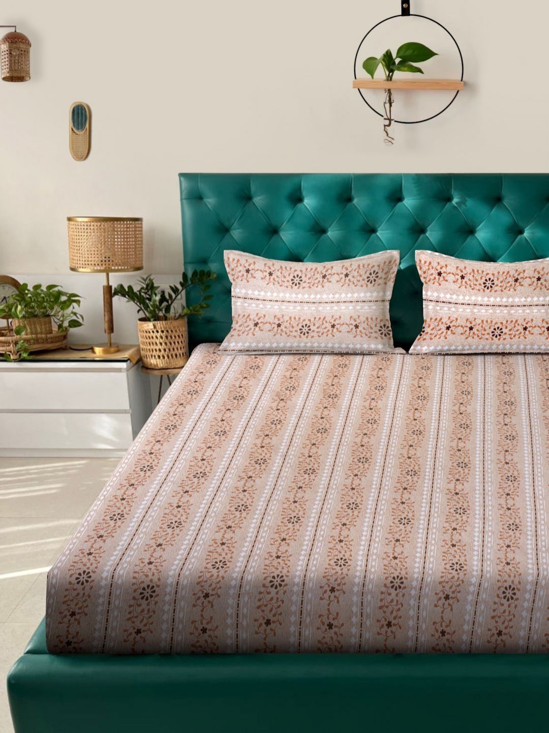 Myntra Elegant Homes Beige & White Floral 400 TC King Bedsheet with 2 Pillow Covers