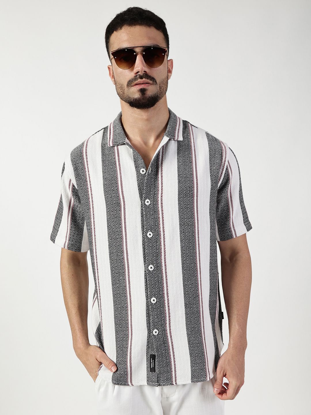 Thomas Scott Men Premium Spread Collar Vertical Striped Cotton Slim Fit Casual Shirt