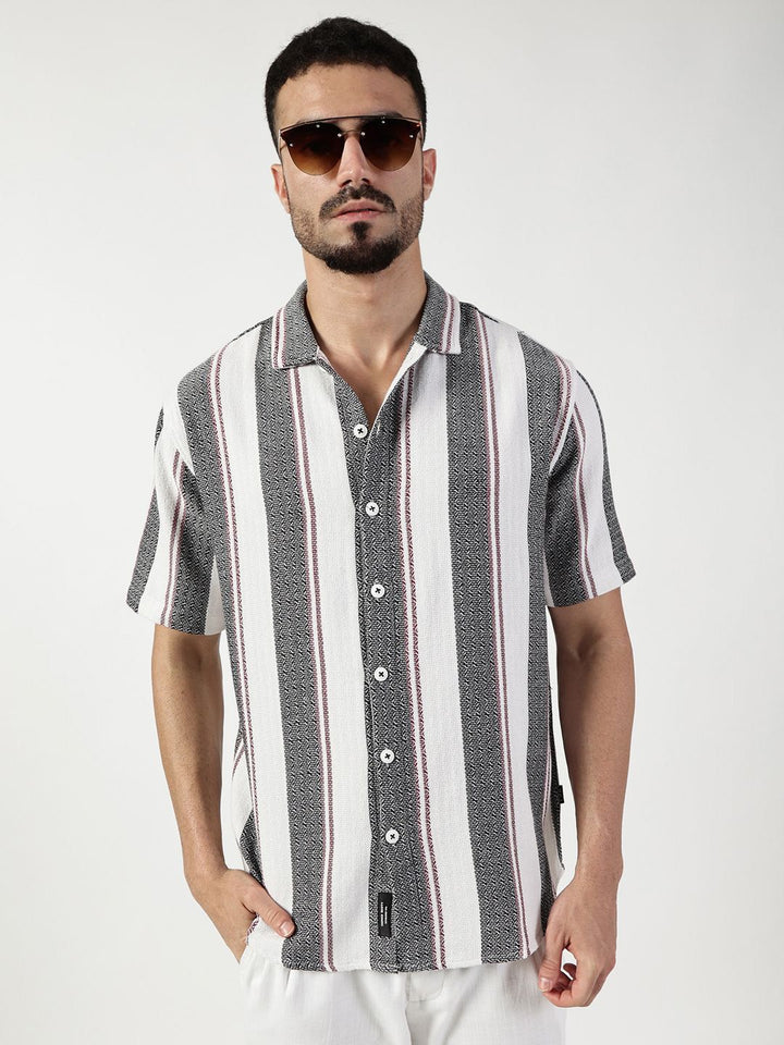 Thomas Scott Men Premium Spread Collar Vertical Striped Cotton Slim Fit Casual Shirt
