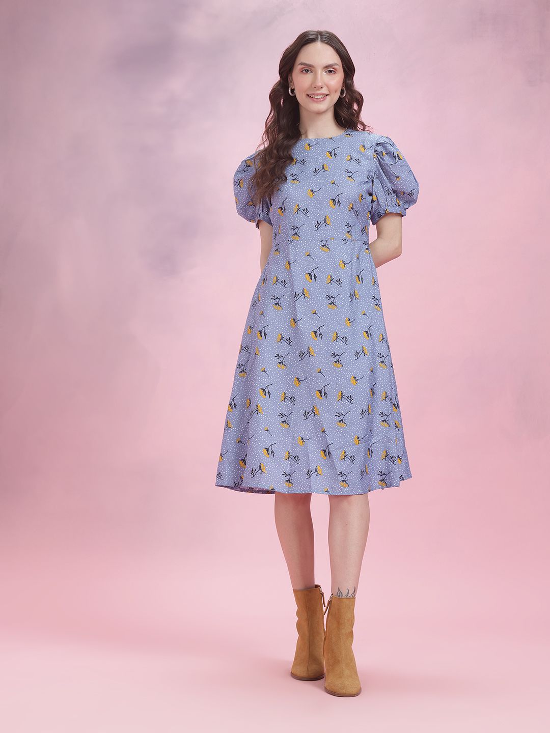 DressBerry Floral Print Puff Sleeve A-Line Dress