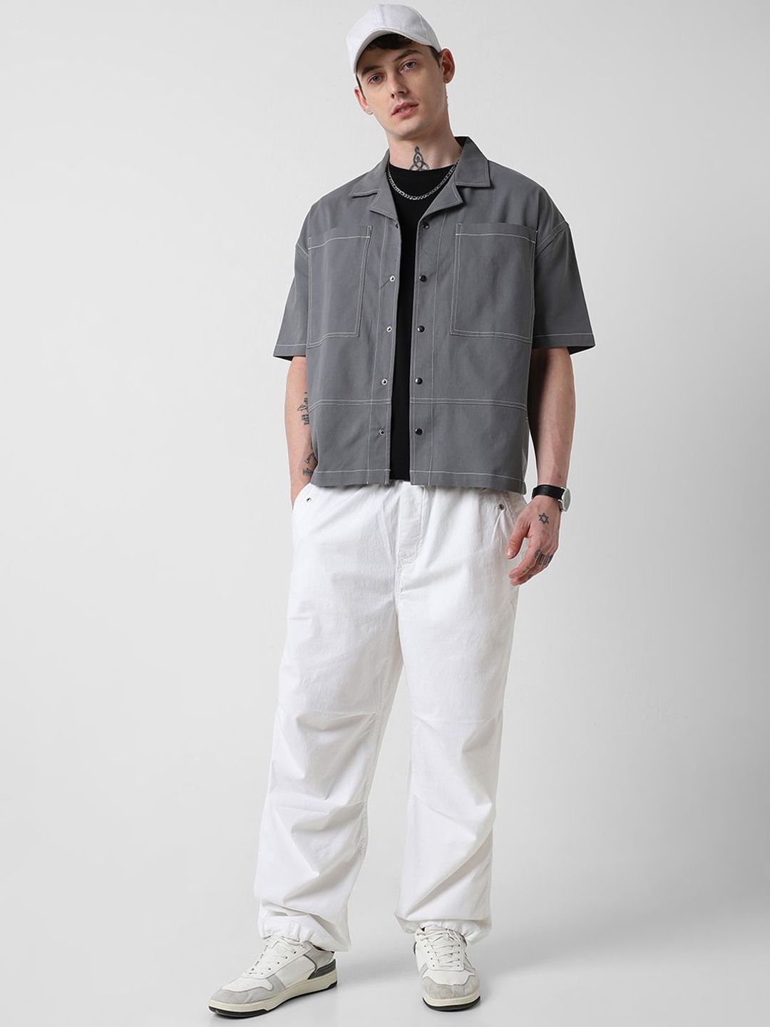 VASTRADO Men Classic Cuban Collar Solid Cotton Oversized Casual Shirt