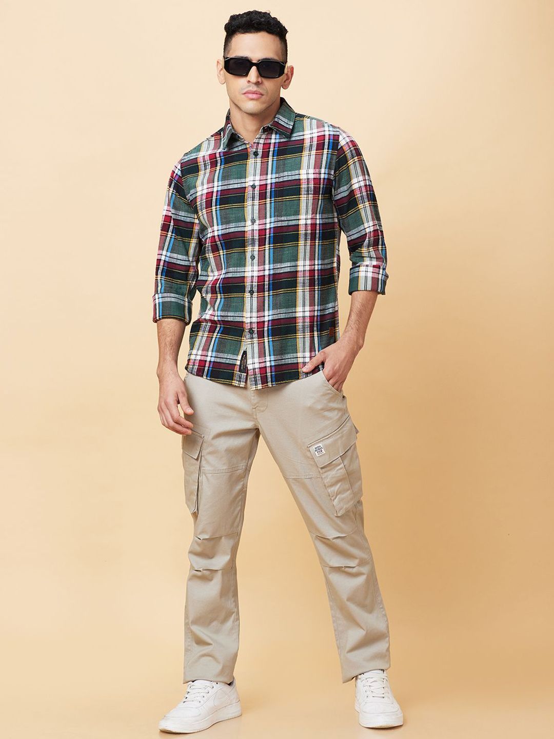 Being Human Men Classic Slim Fit Spread Collar Tartan Checked Cotton Casual Shirt