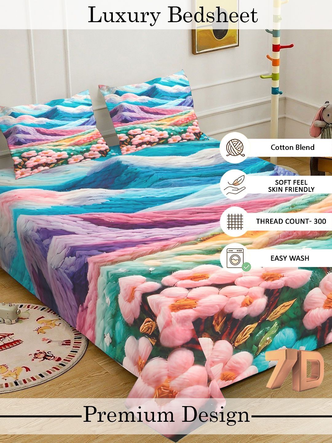 Myntra Elegant Blue & Pink Floral 400 TC King 7D Cadar & 2 Sarung Bantal 250X225 cm