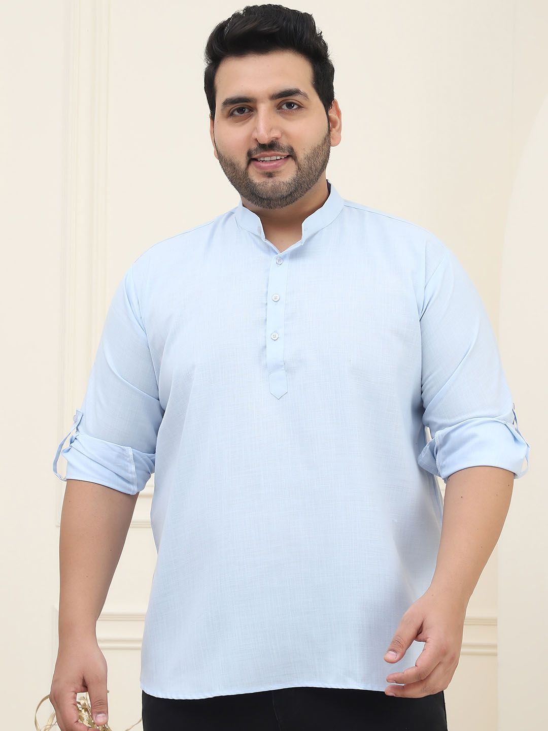 SOJANYA Plus Mandarin Collar Long Sleeves Cotton Straight Short Kurta