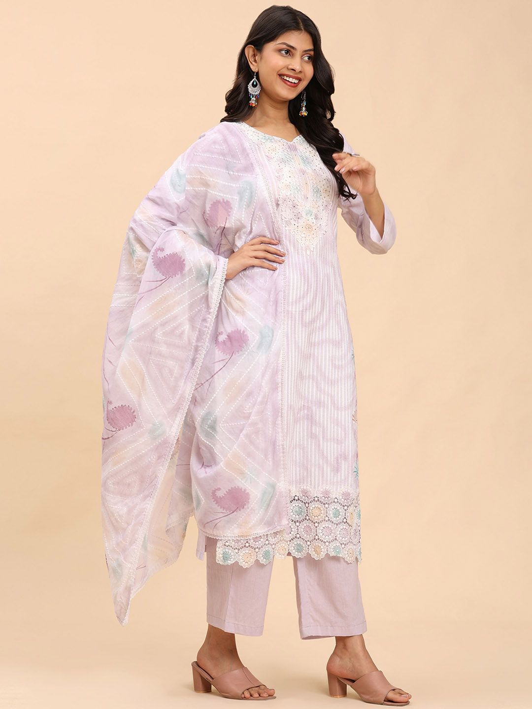 Mamicha Wanita Bercetak Kurta Kapas Tulen Biasa dengan Palazzos & Dengan Dupatta