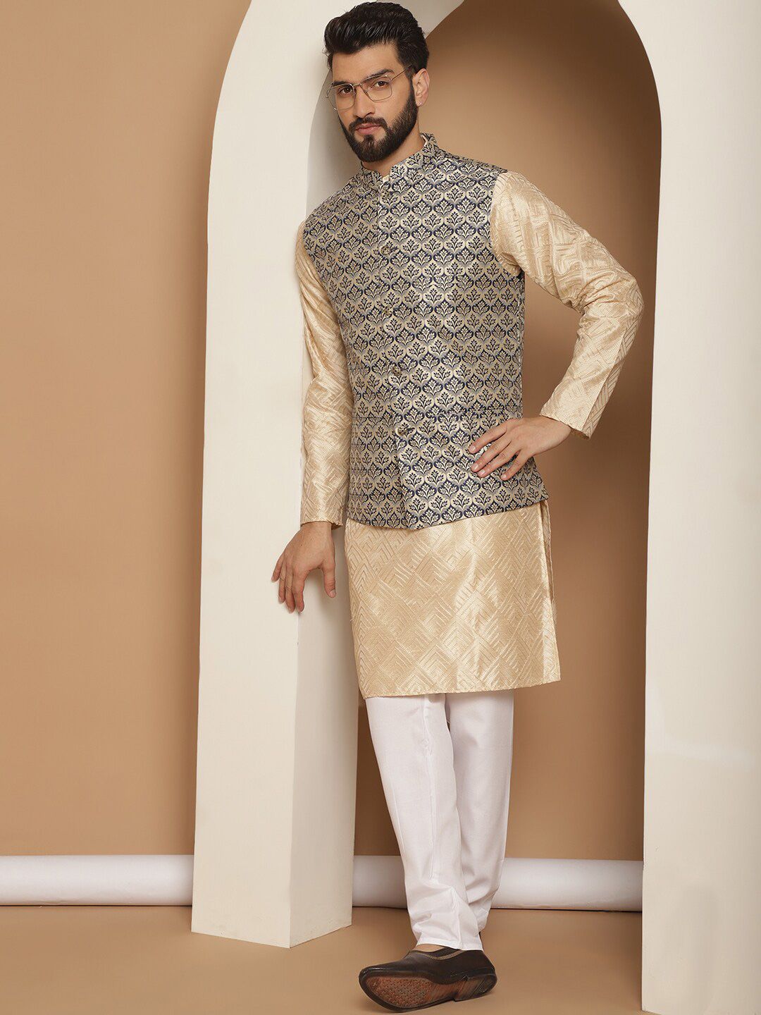 Anouk Embroidered Regular Kurta with Churidar & Nehru jacket